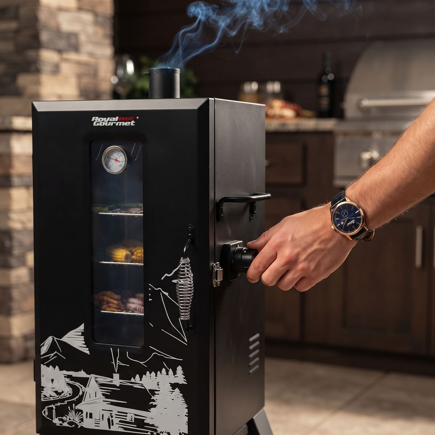 Royal Gourmet 28 in. Analog Electric Smoker With 1500W Heating Element, 3 Chrome-Plated Smoking Racks &amp; Clear Viewing Window (SE2806)