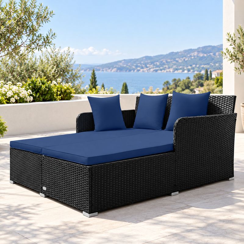 COSTWAY Spacious Outdoor Rattan Daybed, 61-Inch Length, Upholstered Cushion and Four Pillows, Curved Backrest and Armrests, 800 lb Weight Capacity, Navy, HW72537NY