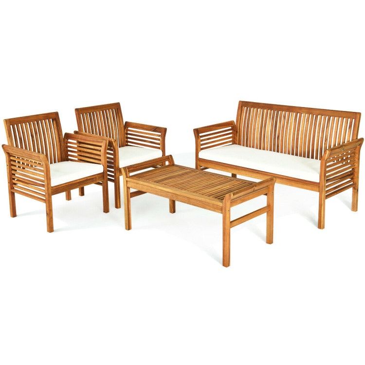 COSTWAY 4 Pieces Outdoor Acacia Wood Sofa Furniture Set