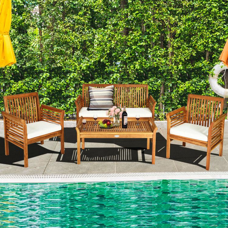 Costway 4 Pieces Outdoor Acacia Wood Sofa Furniture Set