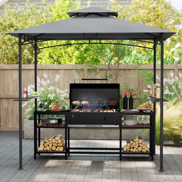 COSTWAY 8 x 5 Feet Grill Gazebo with 2 Shelves 6 Hooks and Metal Frame Gray