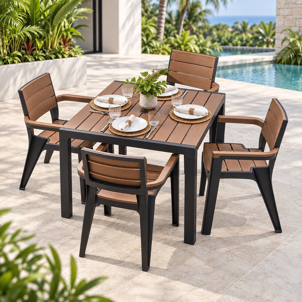 Inval Madeira 5-Piece 4-Seat Square Table and Chair Set, Teak Brown – MQ504-BKWD