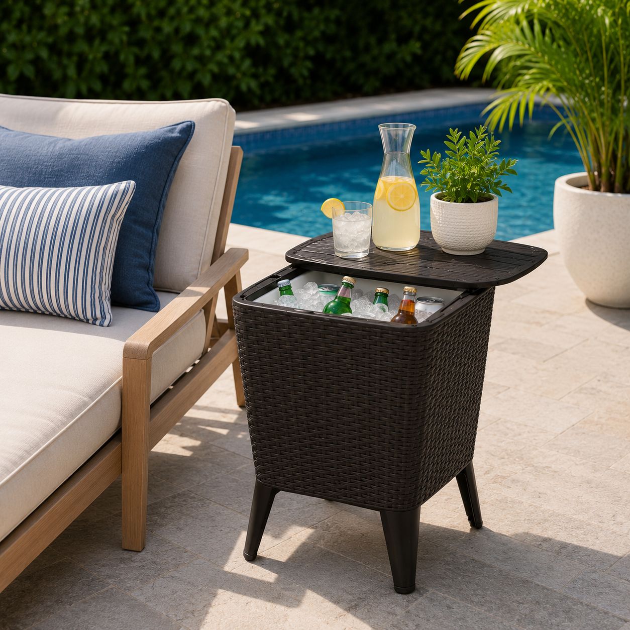 MQ Capri Outdoor Beverage Cooler Side Table, 2-in-1 Sliding-Top with 7.7 Gal. Cooler, Weather-Resistant Rattan-Style, Espresso/Wenge (492-WEN)