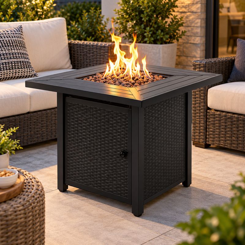 NESTL 28" WICKER RATTAN PROPANE FIRE PIT TABLE WITH LID &amp; WEATHERPROOF COVER, BLACK – NB-FP-28-B – UPC 840284593221