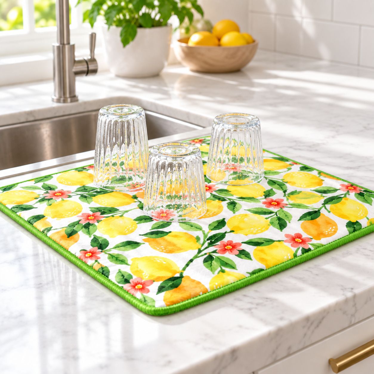 RITZ Citron Toss Dish Drying Mat with Lemon Print and Green Trim – 64169