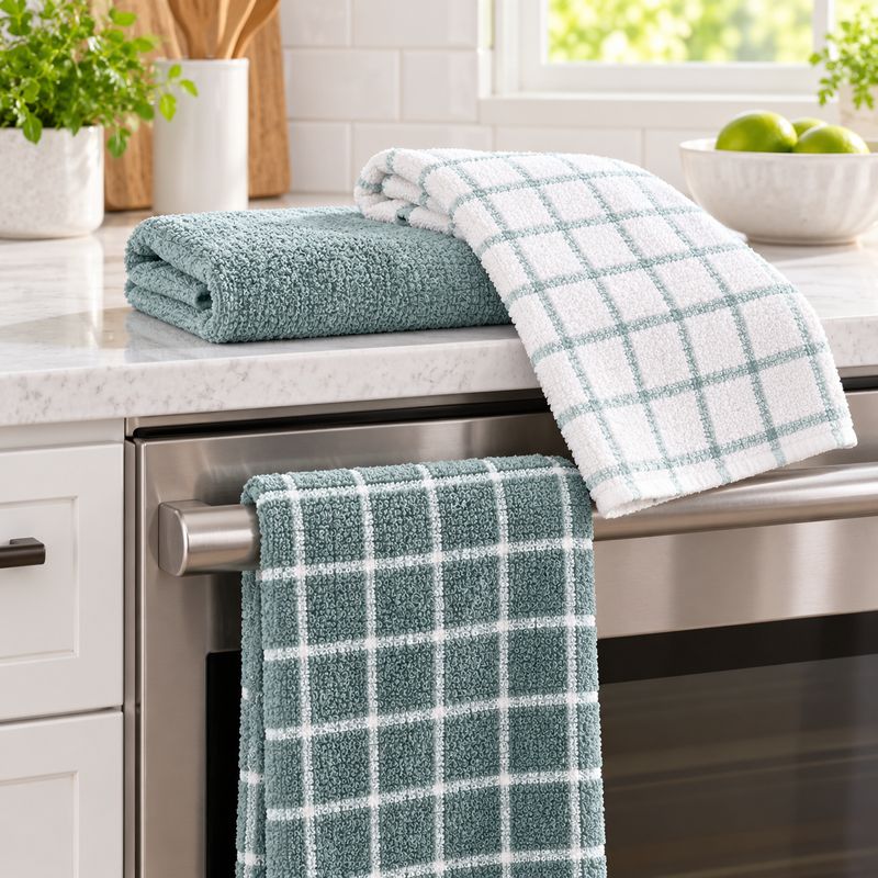 RITZ 3-Pack Terry Check Kitchen Towels, 100% Cotton, 15 x 25 in – Mocha 82461 / Dew 82466