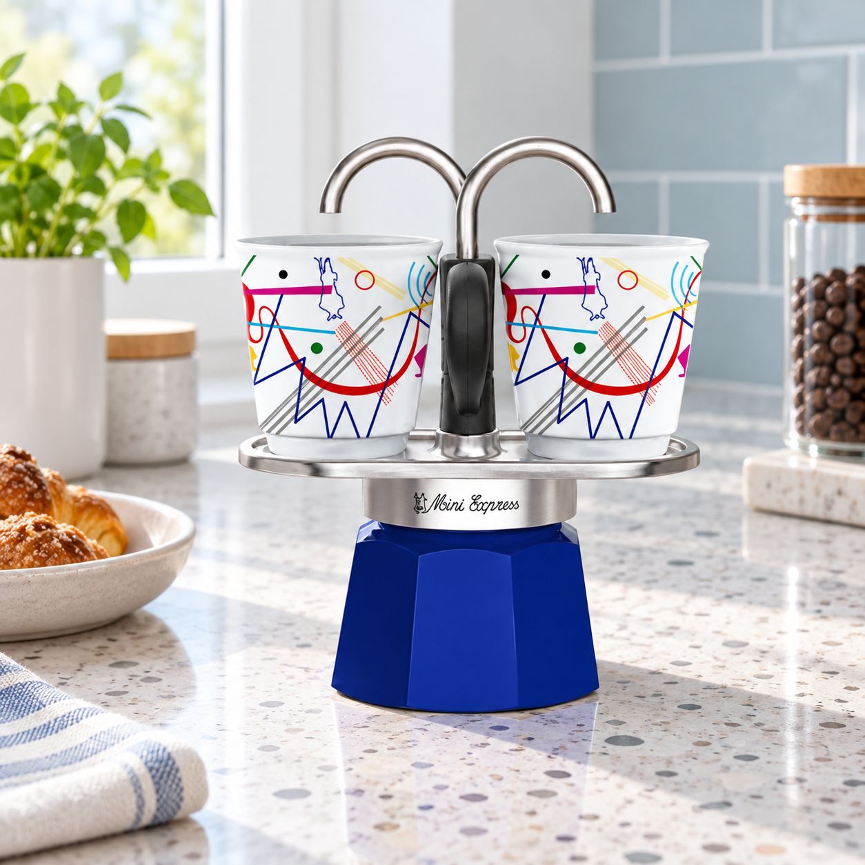 BIALETTI MINI EXPRESS R KANDINSKY 2 CUP STOVETOP ESPRESSO MAKER WITH TWO DECORATIVE CUPS ALUMINUM BODY DIRECT COFFEE SERVING SAFETY VALVE AND ART INSPIRED DESIGN 0001407/NP