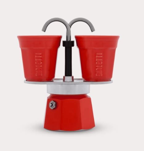 BIALETTI MINI EXPRESS 2 CUP STOVETOP ESPRESSO MAKER WITH DIRECT COFFEE SERVING DUAL SPOUTS ALUMINUM BODY SAFETY VALVE AND NYLON HANDLE  BLACK (BLACK: 0007310   RED: 0007303/NP), Color: Red