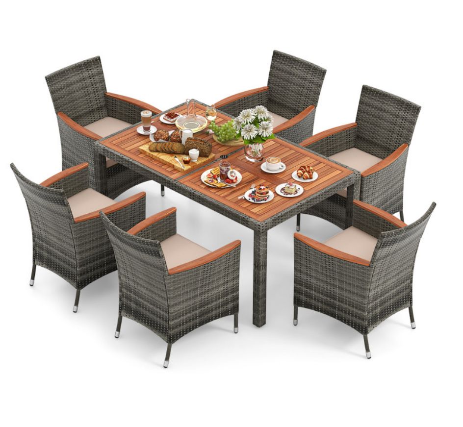 COSTWAY 7 Pieces Patio Rattan, Acacia Wood Cushioned Dining Set