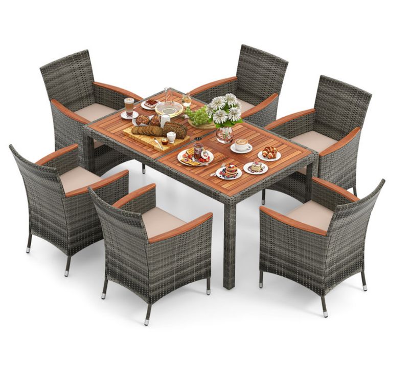 COSTWAY 7 Pieces Patio Rattan, Acacia Wood Cushioned Dining Set