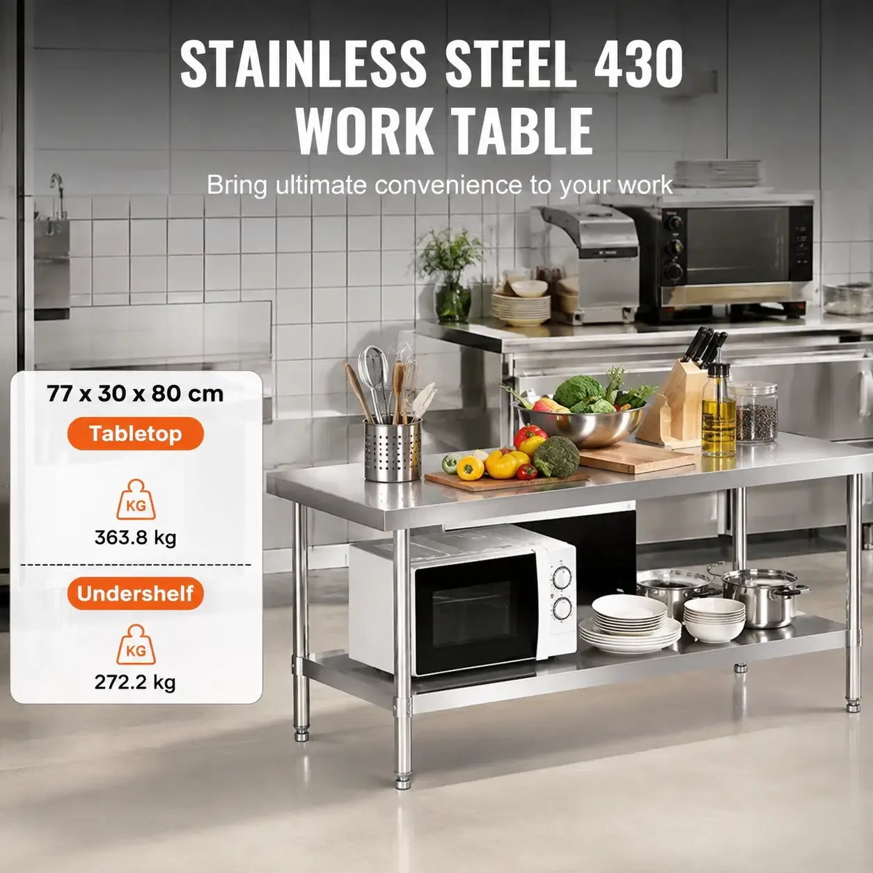 Vevor Commercial Stainless Steel Food Prep Table with 2" Backsplash &amp; Adjustable Undershelf, 30" x 60" x 26", SUS201 Stainless Steel, Brushed Finish (SKT1520-760T)