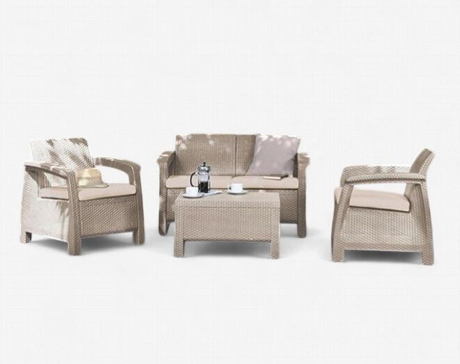 Keter Corfu 4-Piece Outdoor Lounge Set with Cushions – Rattan-Look Weather-Resistant Resin, Seats 4, Brown (17193504), Color: Cappucino