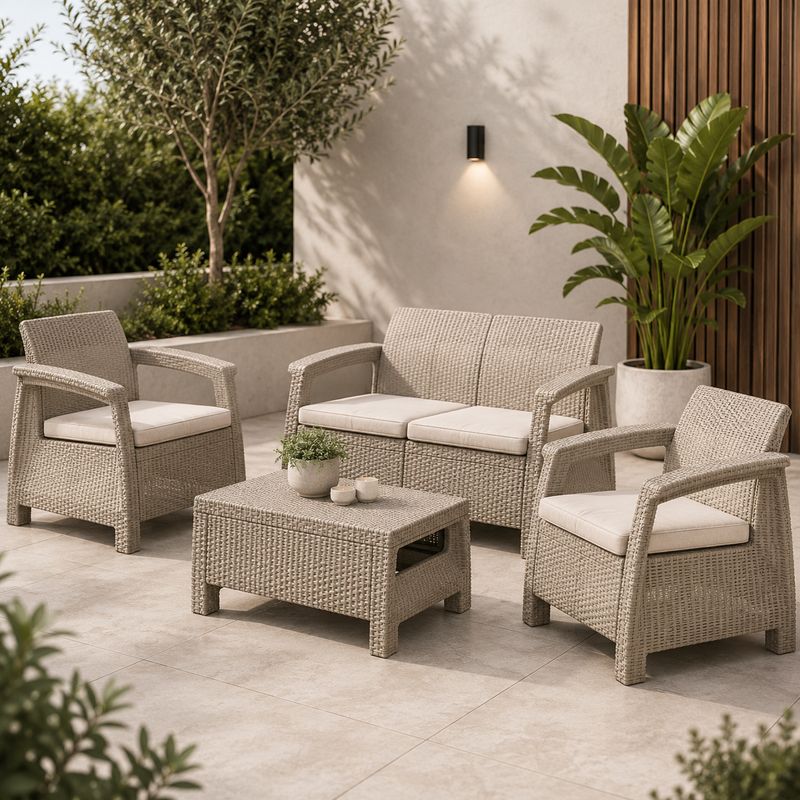 Keter Corfu 4-Piece Outdoor Lounge Set with Cushions – Rattan-Look Weather-Resistant Resin, Seats 4, Brown (17193504)