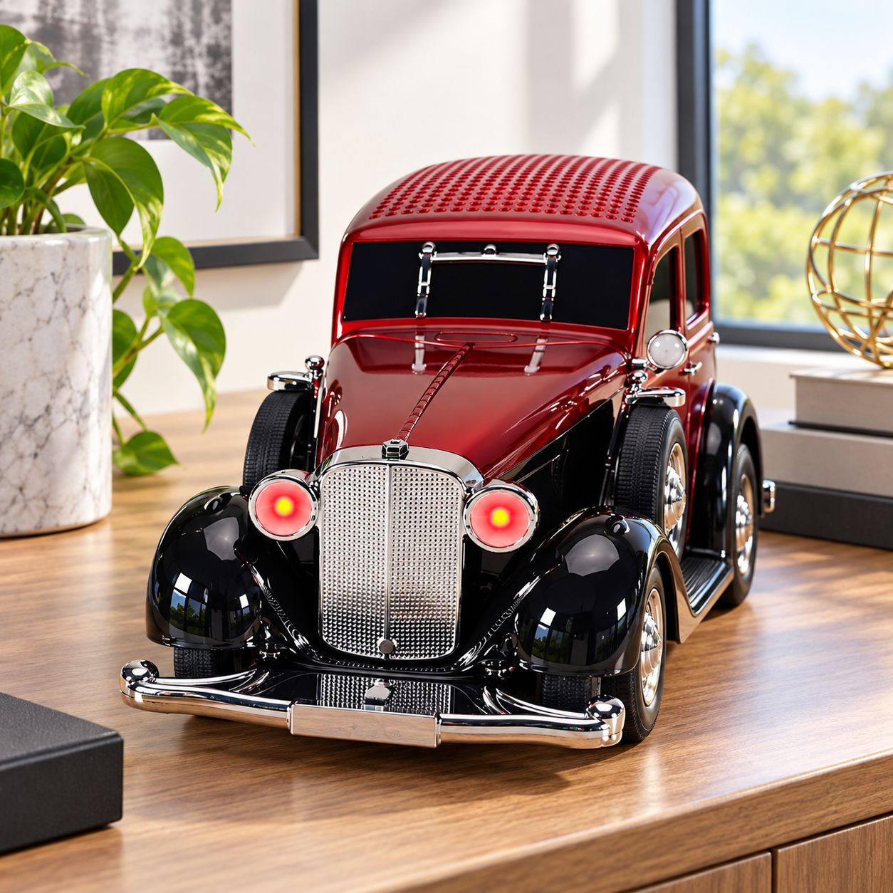 QFX 1930S RETRO CAR SHAPE PORTABLE BLUETOOTH SPEAKER WITH DUAL 2 INCH DRIVERS BASS RADIATOR LED PARTY LIGHTS FM RADIO USB TF AUX AND RECHARGEABLE BATTERY BT-1934-RED