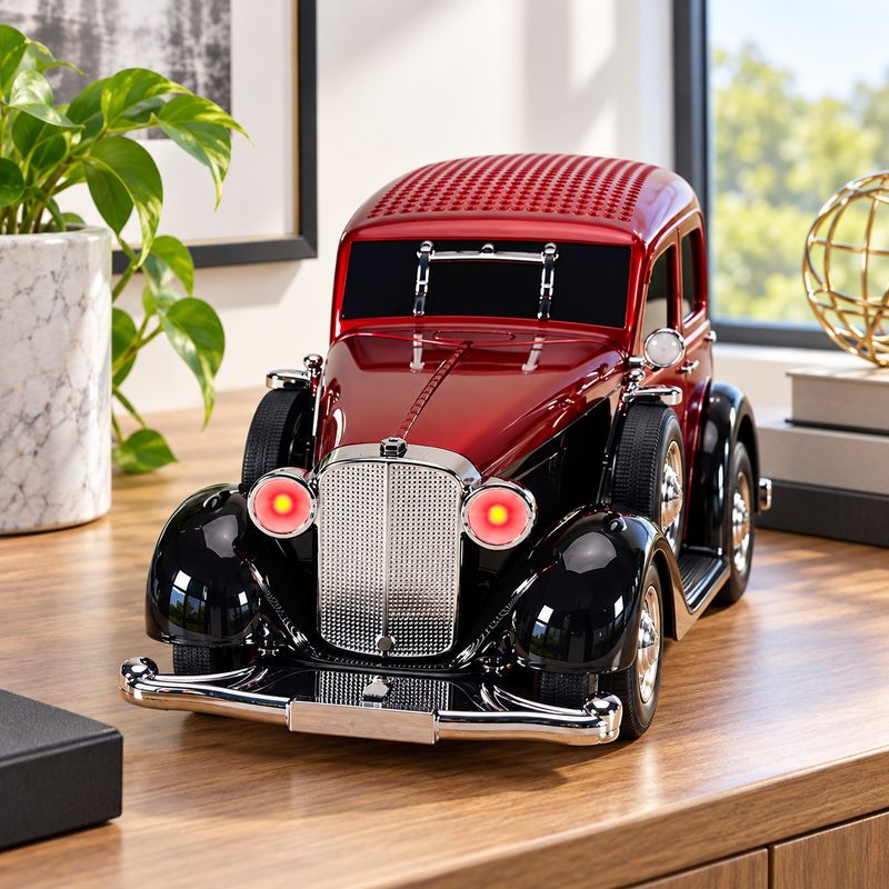 QFX 1930S RETRO CAR SHAPE PORTABLE BLUETOOTH SPEAKER WITH DUAL 2 INCH DRIVERS BASS RADIATOR LED PARTY LIGHTS FM RADIO USB TF AUX AND RECHARGEABLE BATTERY BT-1934-RED