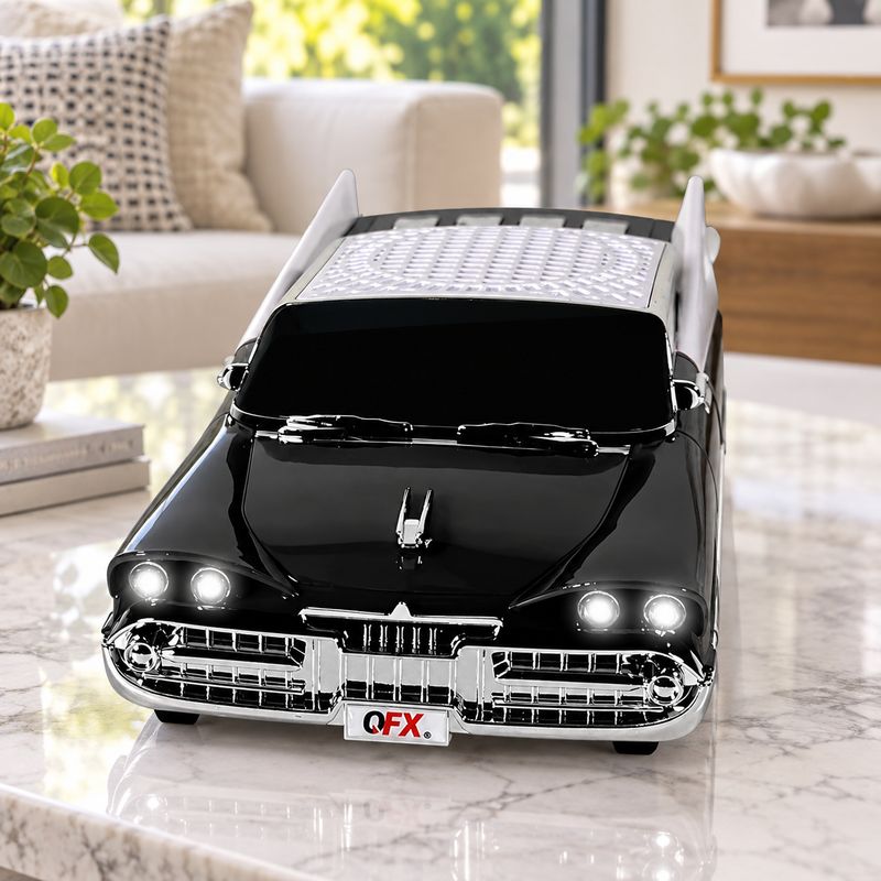 QFX Bluetooth 1959 Retro Classic Car Speaker, Dual 2-inch Speakers, Hands-Free Link, Built-in Microphone, FM Radio, and LED Party Lights, Black- BT-1959-BLK
