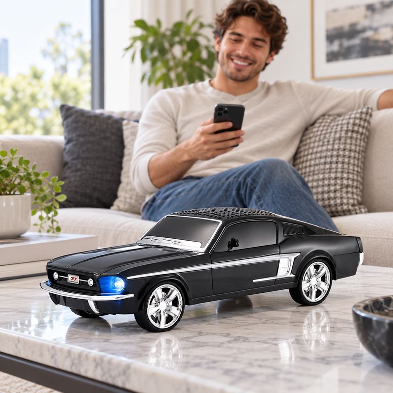 QFX Bluetooth 1965 Retro Car Replica Speaker, 3-inch Speakers, Hands Free Link, Built-in Microphone, FM Radio and LED Party Lights, Black - BT-1965-BLK