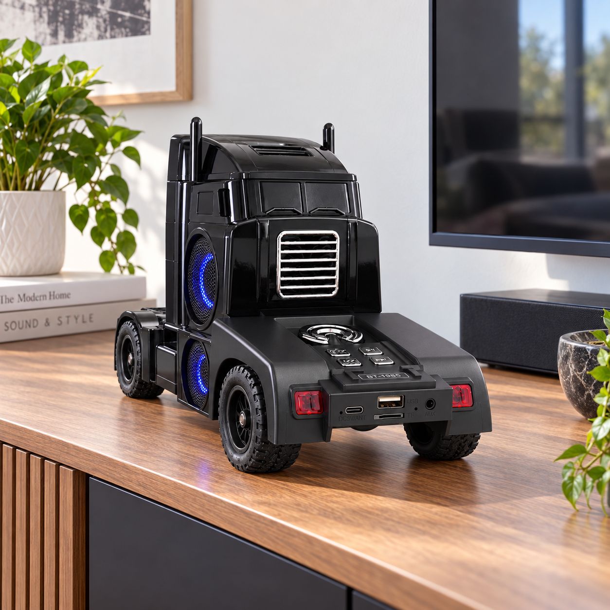 QFX RETRO TRUCK SHAPE PORTABLE BLUETOOTH SPEAKER WITH DUAL 2.5 INCH SPEAKERS PASSIVE BASS RADIATOR TWS FM RADIO USB TF AUX LED PARTY LIGHTS AND RECHARGEABLE BATTERY BLACK BT-1985-BLK