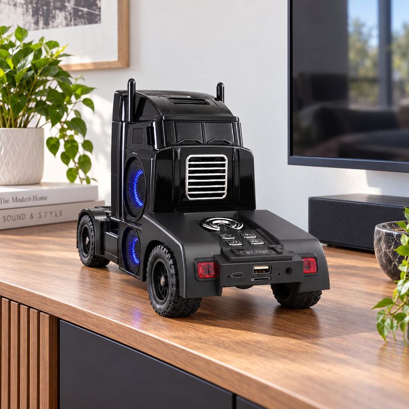 QFX RETRO TRUCK SHAPE PORTABLE BLUETOOTH SPEAKER WITH DUAL 2.5 INCH SPEAKERS PASSIVE BASS RADIATOR TWS FM RADIO USB TF AUX LED PARTY LIGHTS AND RECHARGEABLE BATTERY BLACK BT-1985-BLK