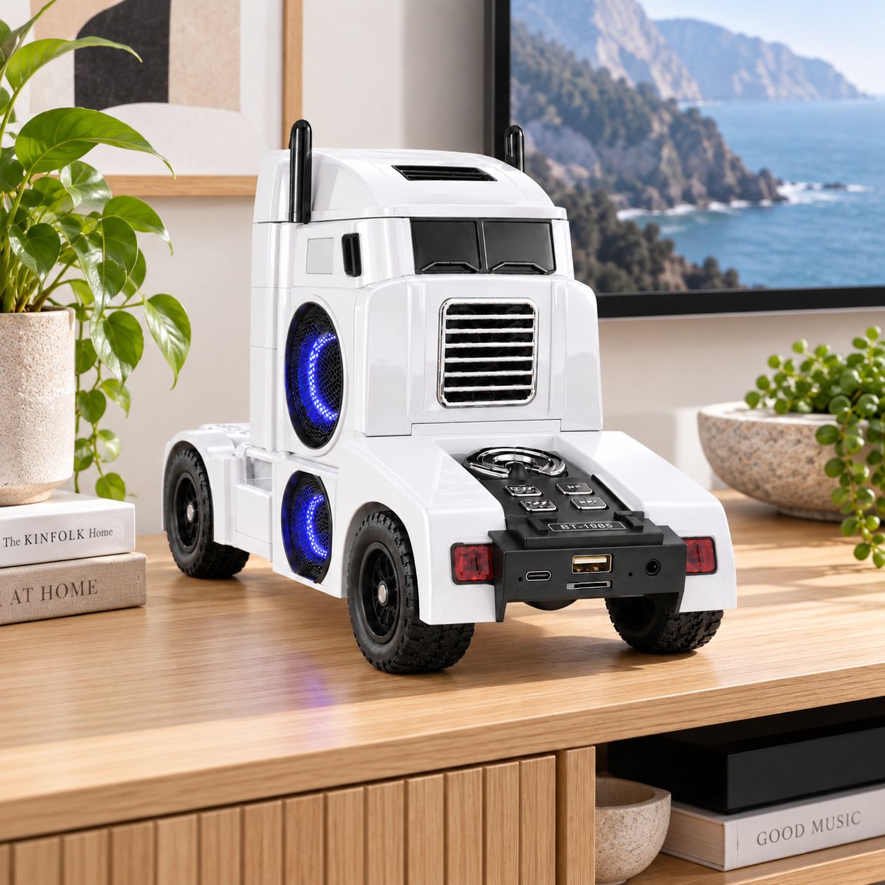 QFX RETRO TRUCK SHAPE PORTABLE BLUETOOTH SPEAKER WITH DUAL 2.5 INCH SPEAKERS PASSIVE BASS RADIATOR TWS FM RADIO USB TF AUX LED PARTY LIGHTS AND RECHARGEABLE BATTERY WHITE BT-1985-WHT