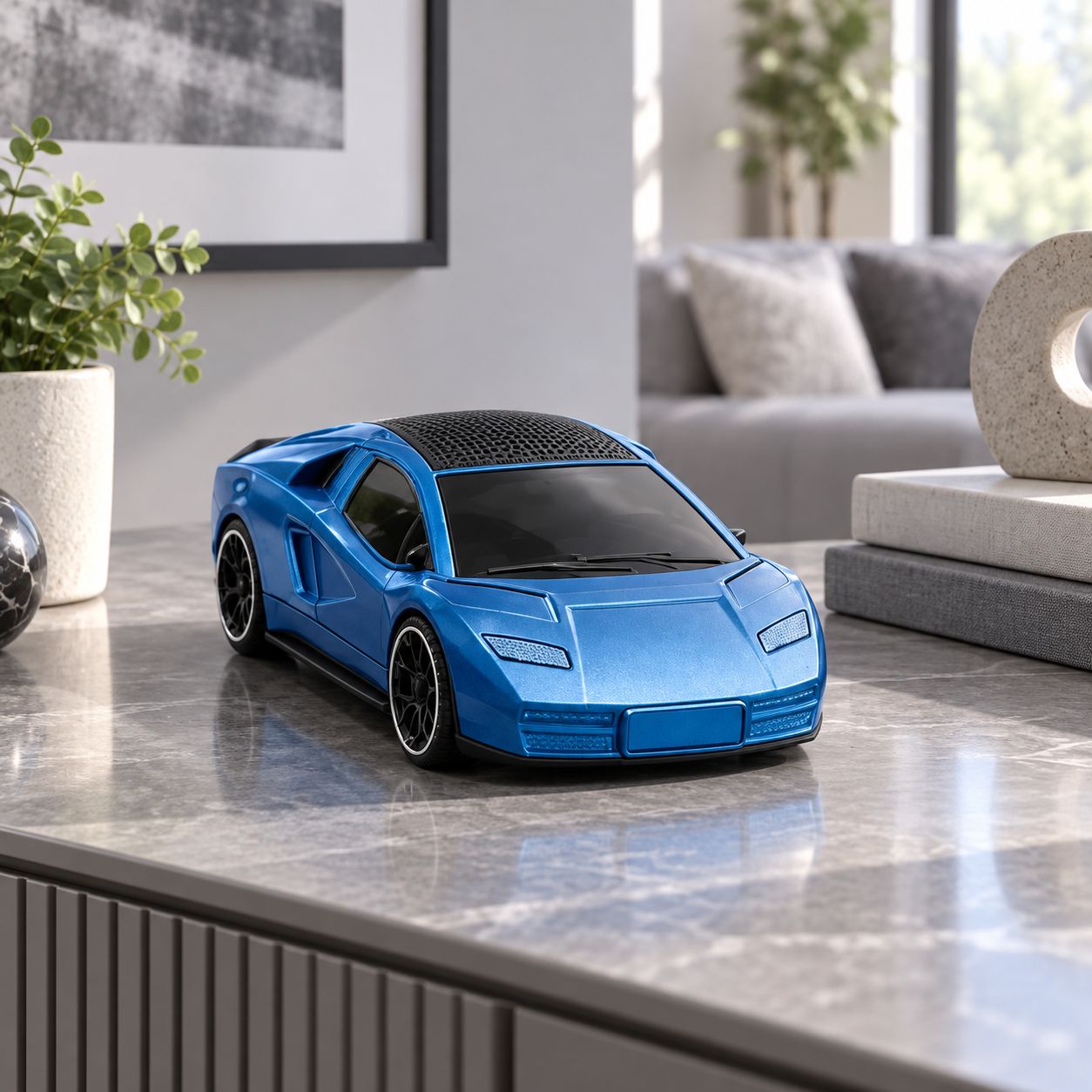 QFX RACE CAR SHAPE PORTABLE BLUETOOTH SPEAKER WITH TWS STEREO FM RADIO USB TF AUX INPUT LED LIGHTS RECHARGEABLE BATTERY AND HANDS FREE CALLING BLUE BT-2011-BLU