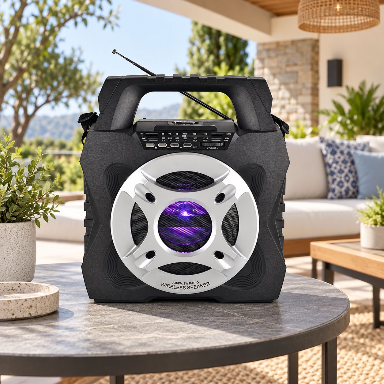 QFX RETRO JUKEBOX STYLE SOLAR RECHARGEABLE 3-BAND AM FM SHORTWAVE RADIO WITH BLUETOOTH USB TF AUX LED FLASHLIGHT DISCO LIGHT MICROPHONE INPUT AND CARRYING HANDLE R-45