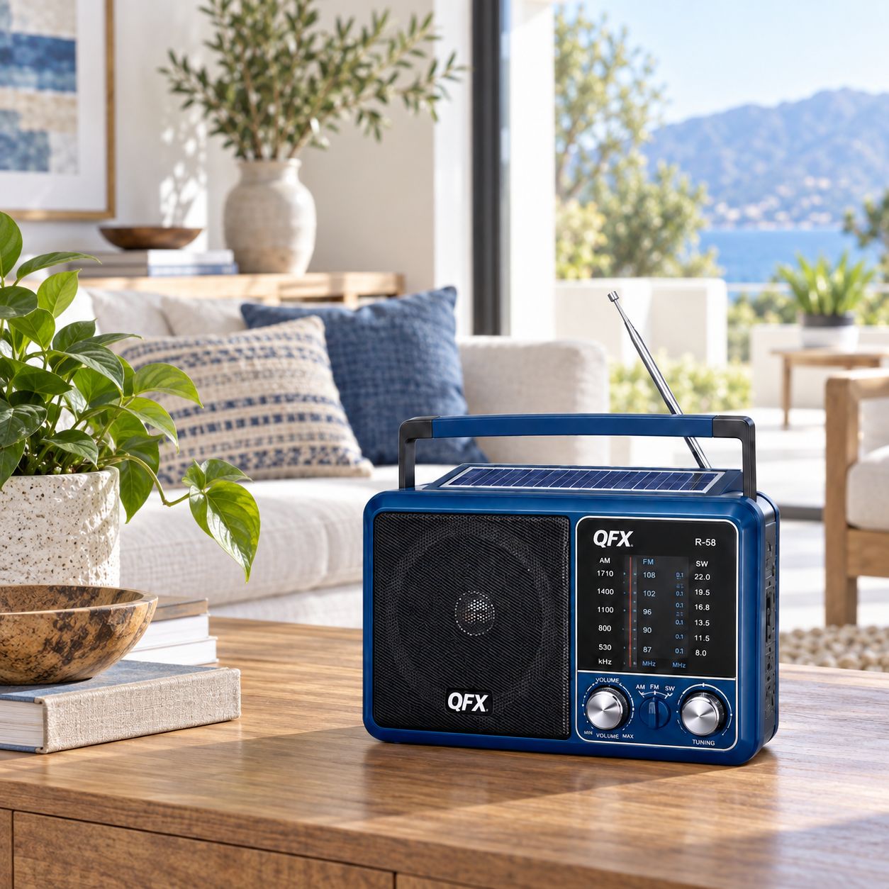 QFX RETRO 3 BAND AM FM SW SOLAR RECHARGEABLE BLUETOOTH RADIO WITH USB TF MP3 PLAYER TELESCOPING ANTENNA FOLDING HANDLE AND HEADPHONE OUTPUT BLUE R-58-BLU