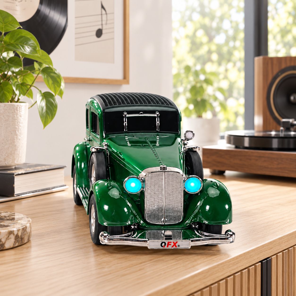 QFX Retro Car Shape Bluetooth Speaker with Dual 2-Inch Drivers, Bass Radiator, LED Party Lights, FM Radio, USB/TF, AUX and TWS BT-1934-GRN