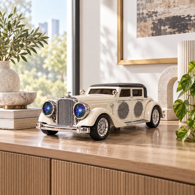 QFX Retro Car Shape Bluetooth Speaker with Dual 2-Inch Drivers, Bass Radiator, LED Party Lights, FM Radio, USB/TF, AUX and TWS BT-1934-IVY