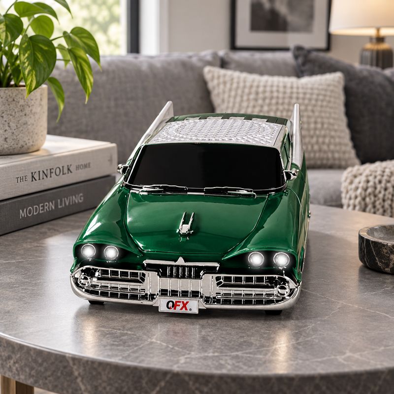 QFX 1959 RETRO CLASSIC CAR 3W PORTABLE BLUETOOTH SPEAKER WITH DUAL 2-INCH DRIVERS, BASS RADIATOR, TWS, FM RADIO, USB, TF, AUX, HANDS-FREE CALLING AND LED PARTY LIGHTS, EMERALD – BT-1959-EMR
