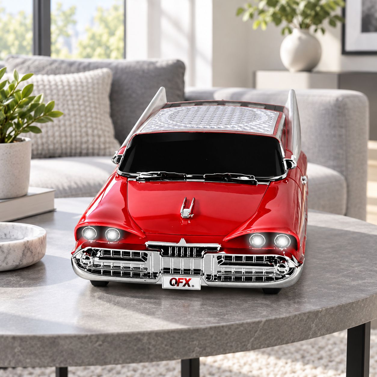 QFX 1959 RETRO CLASSIC CAR 4W PORTABLE BLUETOOTH SPEAKER WITH DUAL 2-INCH DRIVERS, BASS RADIATOR, TWS, FM RADIO, USB, TF, AUX, HANDS-FREE CALLING AND LED PARTY LIGHTS, RED – BT-1959-RED