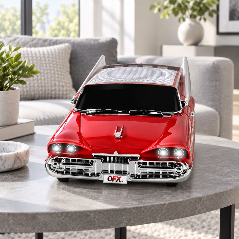 QFX 1959 RETRO CLASSIC CAR 4W PORTABLE BLUETOOTH SPEAKER WITH DUAL 2-INCH DRIVERS, BASS RADIATOR, TWS, FM RADIO, USB, TF, AUX, HANDS-FREE CALLING AND LED PARTY LIGHTS, RED – BT-1959-RED