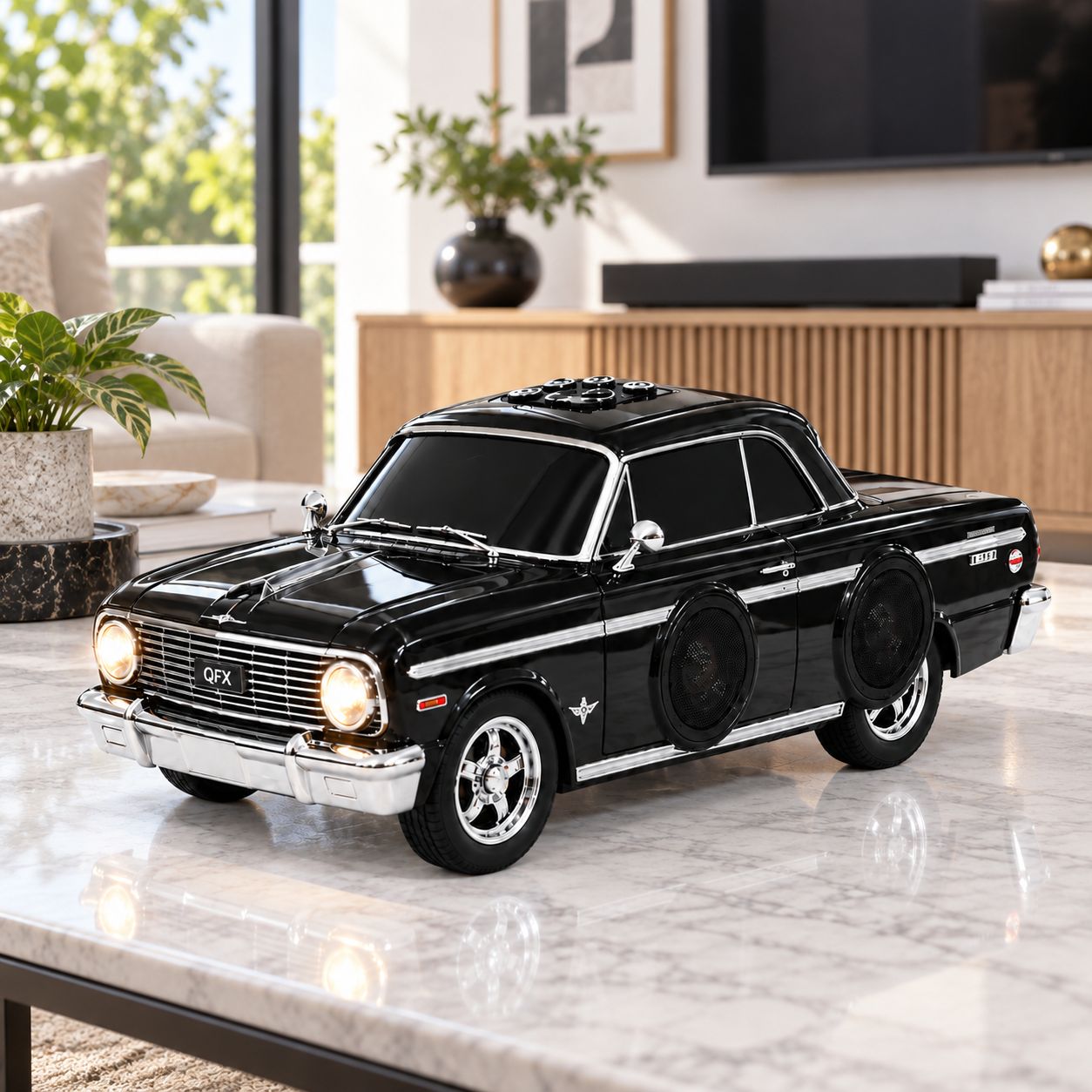 QFX 1962 RETRO CAR SHAPE PORTABLE RECHARGEABLE BLUETOOTH SPEAKER WITH FM RADIO LED PARTY LIGHTS TWS AND HANDS FREE CALLING   BT-1962-BLK