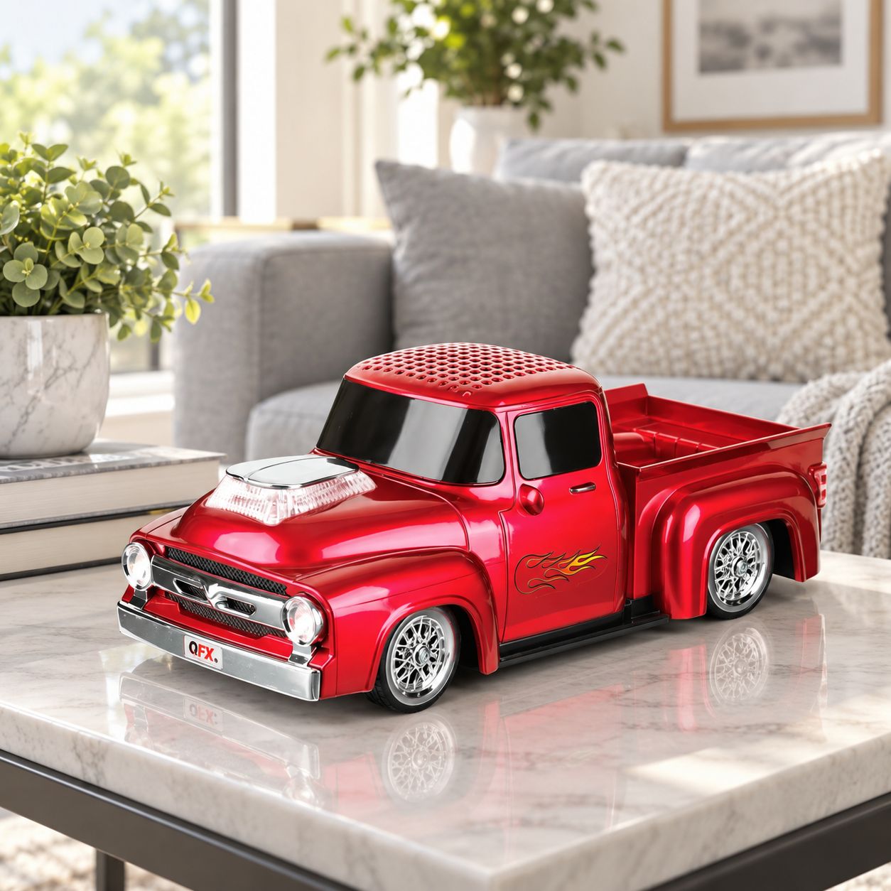 QFX BT-2030 RETRO CAR SHAPE PORTABLE RECHARGEABLE BLUETOOTH SPEAKER WITH 2 INCH DRIVER FM RADIO USB TF LED PARTY LIGHTS AND HANDS FREE CALLING BT-2030-RED