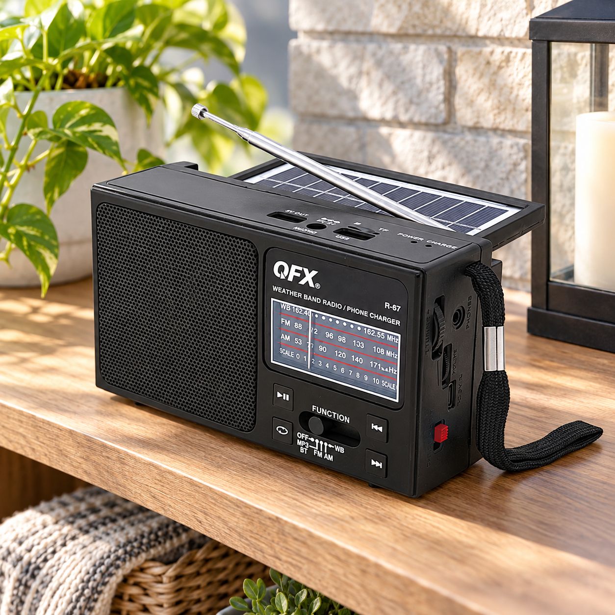QFX Portable Solar Rechargeable AM/FM and Weather-Band Radio with Bluetooth Audio and Emergency Phone-Charging Function – R-67