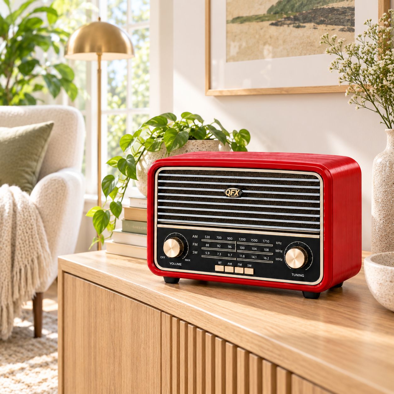 QFX RETRO 3-BAND BLUETOOTH RETRO RADIO VINTAGE TUNER PORTABLE MUSIC PLAYER RETRO-21-RED
