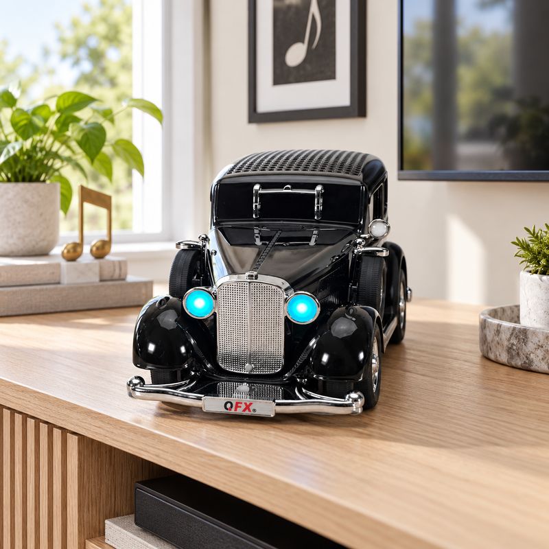 QFX Retro Car Shape Bluetooth Speaker with Dual 2-Inch Drivers, Bass Radiator, LED Party Lights, FM Radio, USB/TF, AUX and TWS BT-1934-BLK