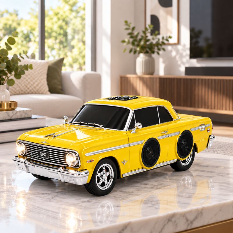 QFX 1962 RETRO CAR SHAPE PORTABLE RECHARGEABLE BLUETOOTH SPEAKER WITH 2 INCH SPEAKER FM RADIO LED PARTY LIGHTS TWS AND HANDS FREE CALLING BT-1962-YEL