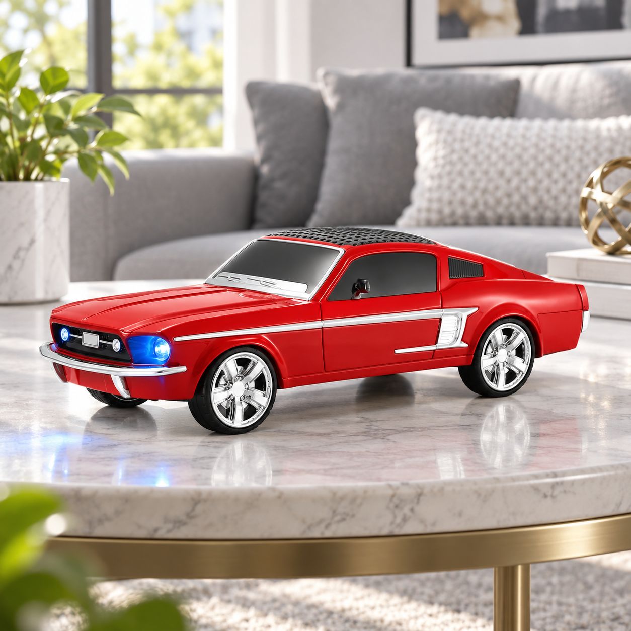 QFX 1965 RETRO CAR REPLICA PORTABLE BLUETOOTH SPEAKER WITH DUAL 3-INCH DRIVERS, TWS, FM RADIO, USB, TF CARD, AUX, HANDS-FREE CALLING AND LED PARTY LIGHTS, RED – BT-1965-RED
