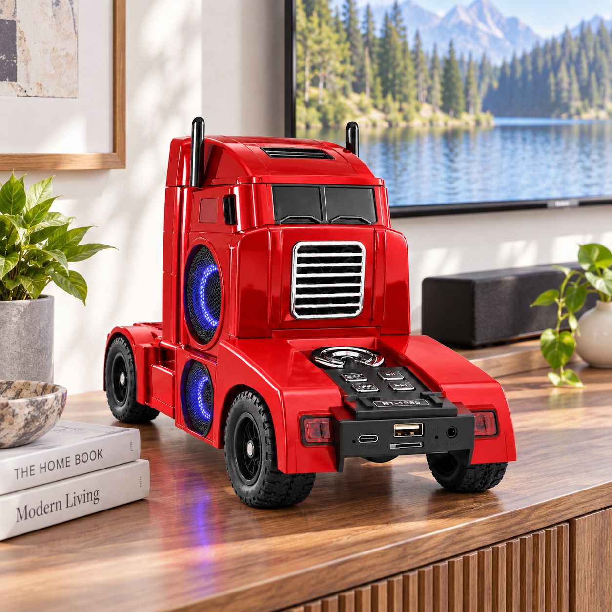 QFX RETRO TRUCK SHAPE PORTABLE BLUETOOTH SPEAKER WITH DUAL 2.5 INCH SPEAKERS PASSIVE BASS RADIATOR TWS FM RADIO USB TF AUX LED PARTY LIGHTS AND RECHARGEABLE BATTERY RED BT-1985-RED