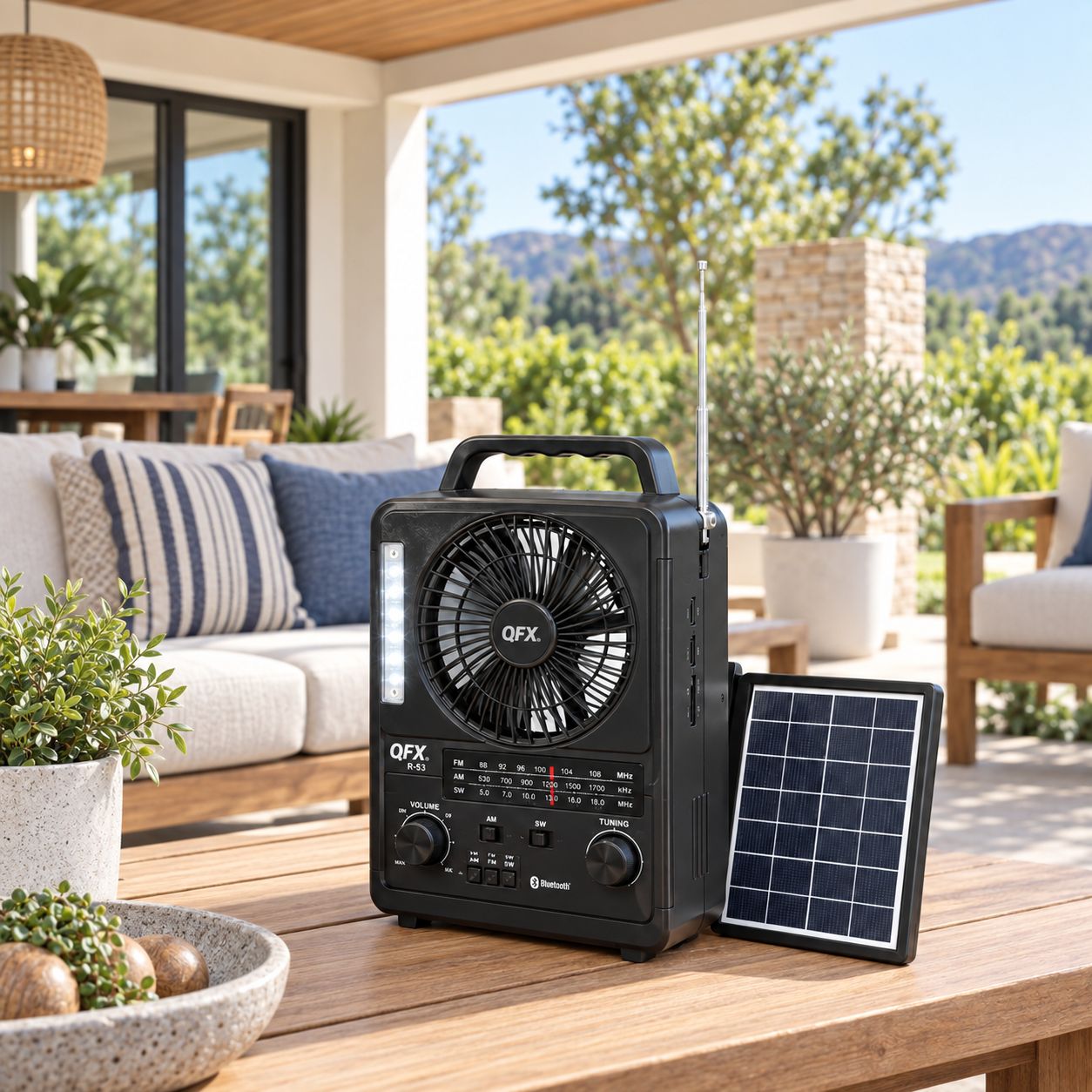 QFX 6" FAN WITH BLUETOOTH, AM/FM/SW RADIO, LED LIGHT &amp; SOLAR CHARGER R-53