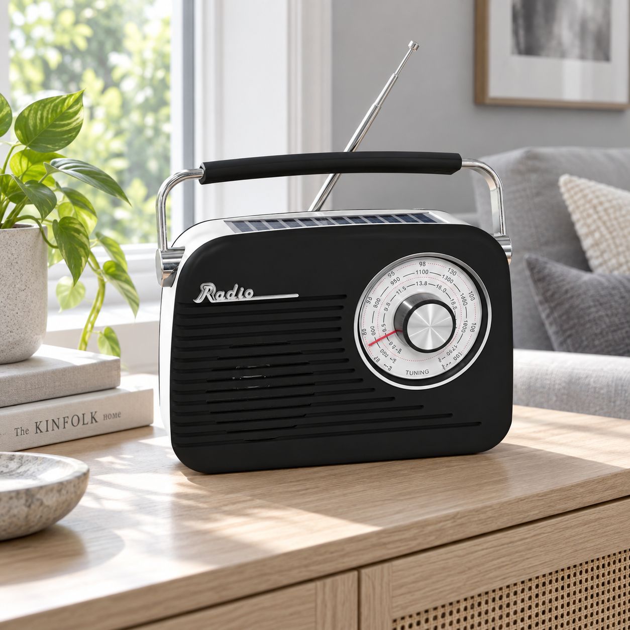 QFX RETRO 3 BAND AM FM SW SOLAR RECHARGEABLE BLUETOOTH RADIO WITH USB TF MP3 PLAYER TELESCOPING ANTENNA AND FOLDING HANDLE BLACK R-58-BLK
