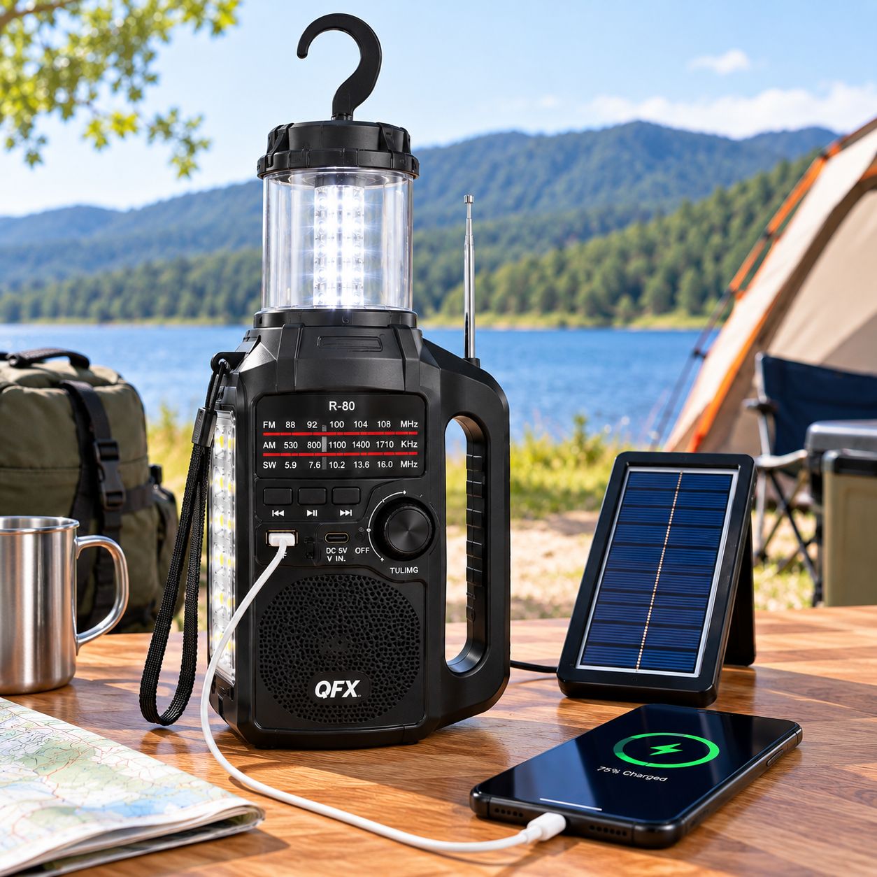 QFX Solar Rechargeable Bluetooth 3-Band AM/FM/SW Radio with LED Lantern, USB/TF MP3 Player, Power Bank and Hanging Hook R-80