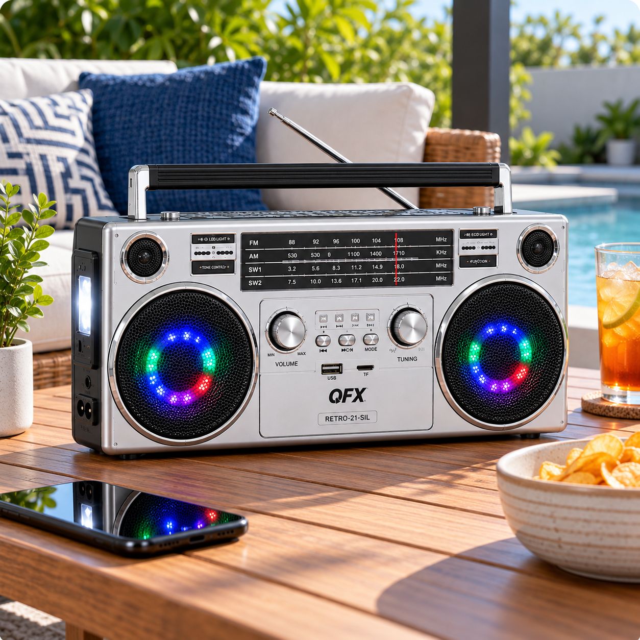 QFX Solar Rechargeable Portable Bluetooth 4-Band Retro Radio Boombox with AM/FM/SW, LED Party Lights, USB/TF Music Player and TWS RETRO-21-SIL