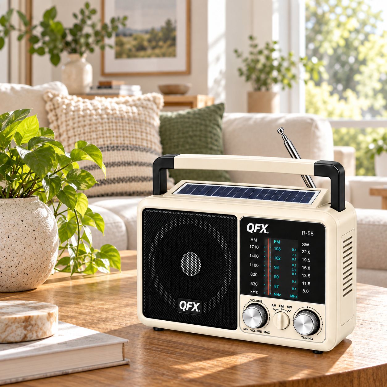 QFX RETRO 3 BAND AM FM SW SOLAR RECHARGEABLE BLUETOOTH RADIO WITH USB TF MP3 PLAYER TELESCOPING ANTENNA FOLDING HANDLE AND HEADPHONE OUTPUT IVORY R-58-IVY