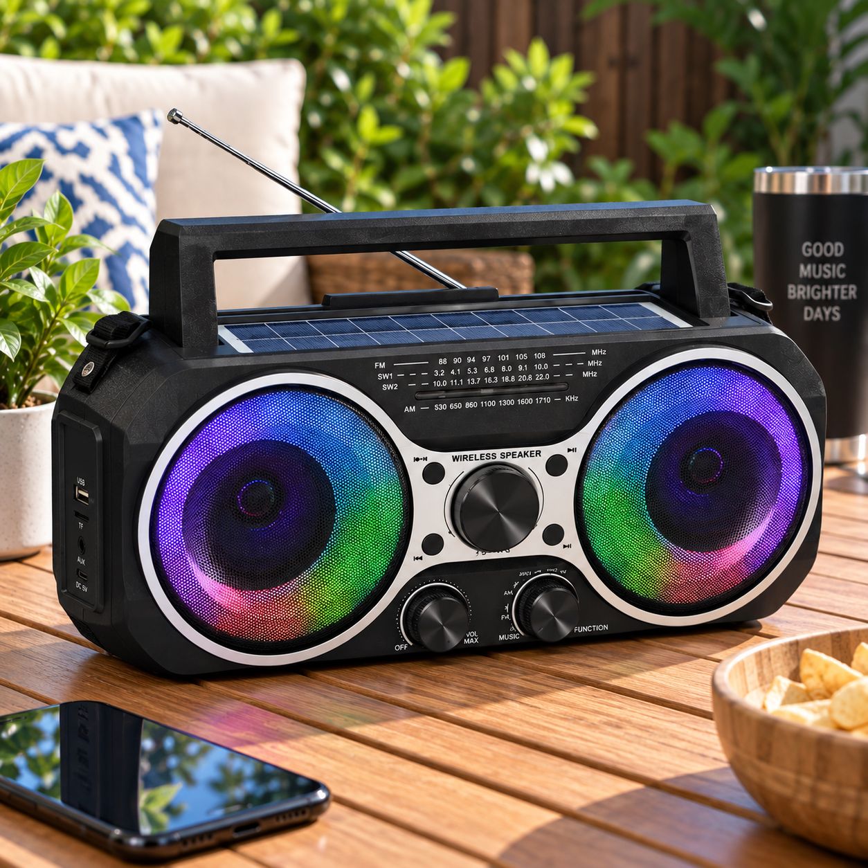 QFX Solar-Rechargeable Portable Retro 3-Band AM/FM/SW Radio with Bluetooth, USB Playback and LED Party Lights, Black – RETRO-21-BLK