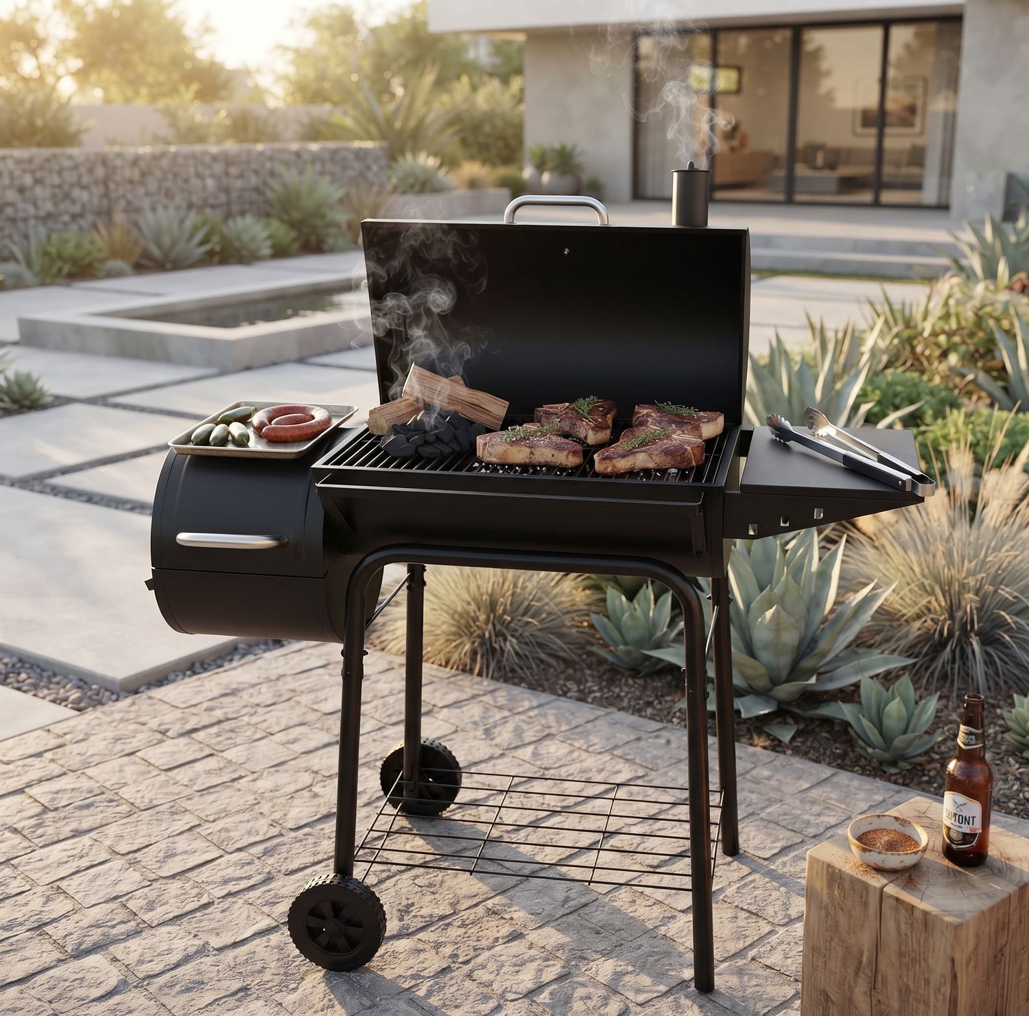 Royal Gourmet Barrel Charcoal Grill with Offset Smoker Black