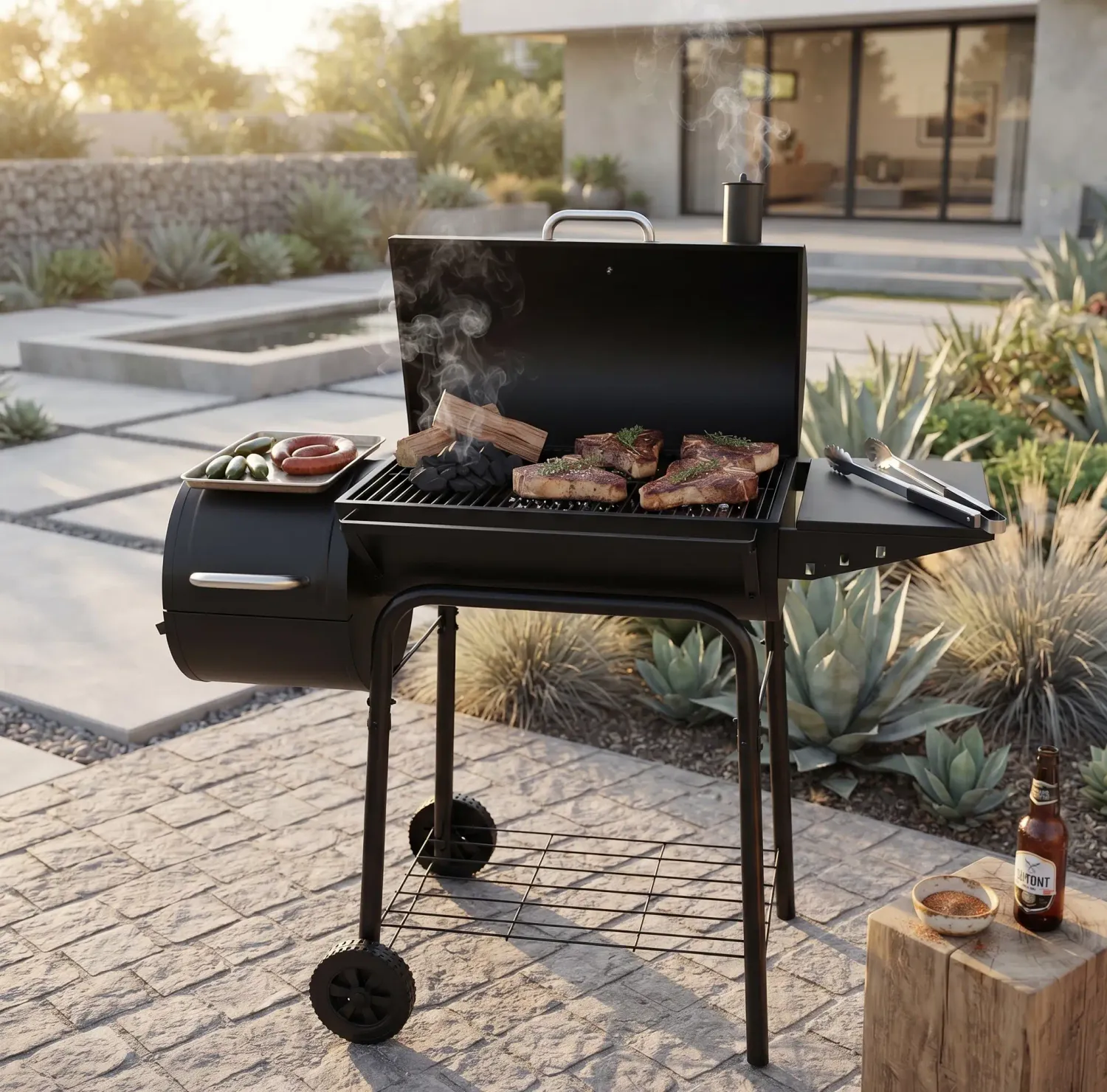 Royal Gourmet Barrel Charcoal Grill with Offset Smoker, 552 Sq. In. Cooking Area, Black (CC1624S)