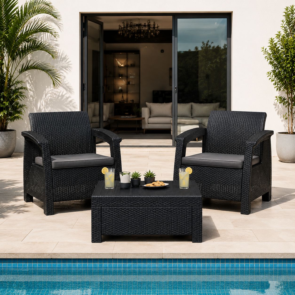 Keter Corfu Weekend 3-Piece Outdoor Balcony Set – Rattan-Look Resin with 2 Armchairs &amp; Coffee Table, Weather Resistant &amp; UV Protected (426-STD)