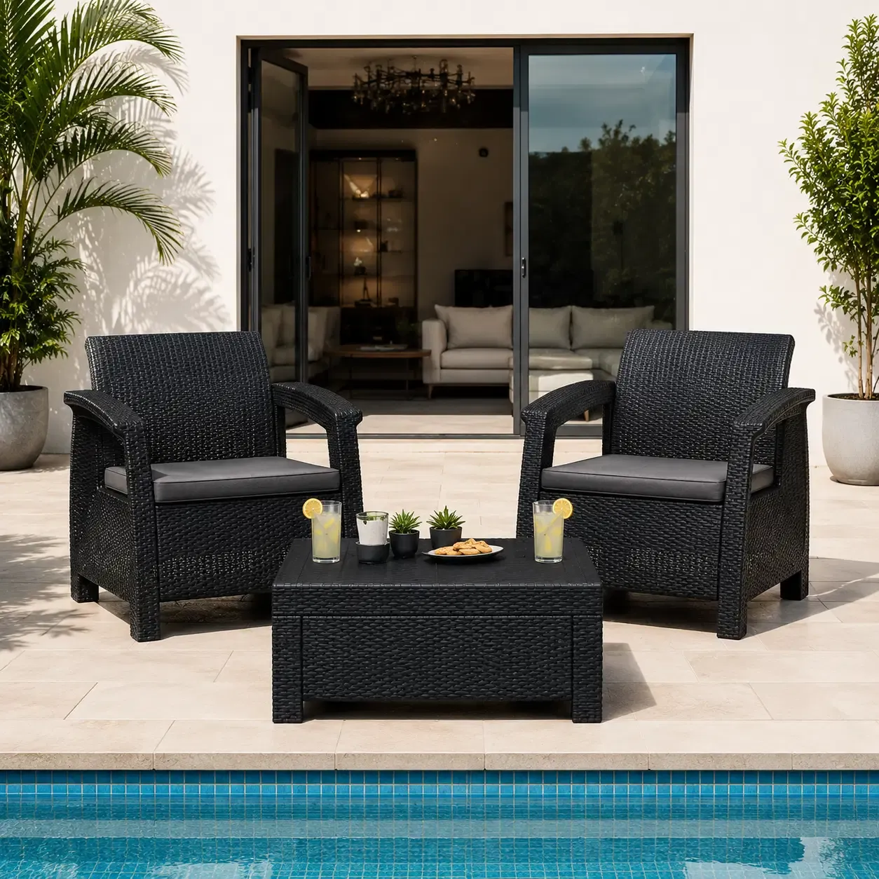 Keter Corfu Weekend 3-Piece Outdoor Balcony Set – Rattan-Look Resin with 2 Armchairs &amp; Coffee Table, Weather Resistant &amp; UV Protected (426-STD)